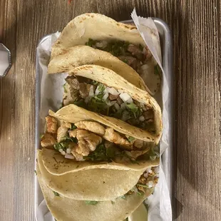 Carne Asada, Grilled Chicken and Chorizo Tacos