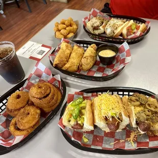 Specialty dog samplers, Reuben egg rolls, onion rings, and tater tots! Delicious!!