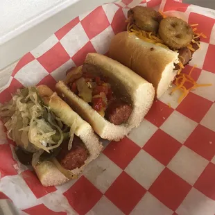 Hot Dog Flight. Left to Right: Das Fette, Sweet Heat, Jalapeño Popper Dog