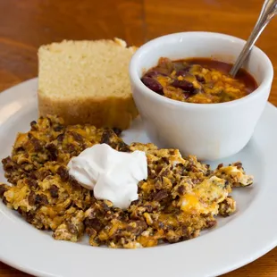 Santa Fe Scramble wi beans veggie chorizo eggs n cheese