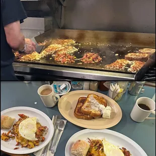 Pork Store Cafe, $14.95 Eggs in a Tasty Nest. With a dozen orders in line they graciously split ours so we could share.