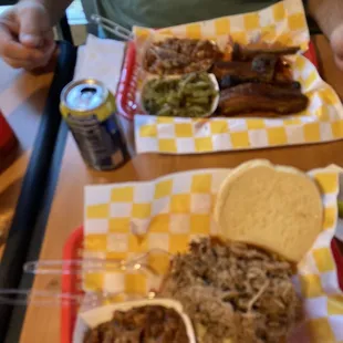 Pulled pork sandwich with baked beans and ribs with baked beans &amp; green beans yummy