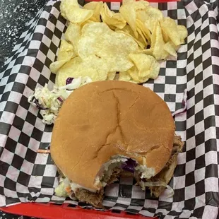 Carolina style pulled pork with slaw and chips