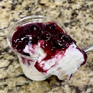 Blueberry pie parfait with layers of filling and gluten free pie crust / graham cracker
