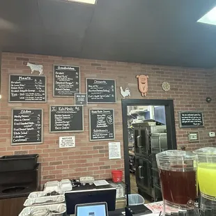 The menu is on the wall, sweet tea lemonade water and unsweet tea &amp; beers are available too