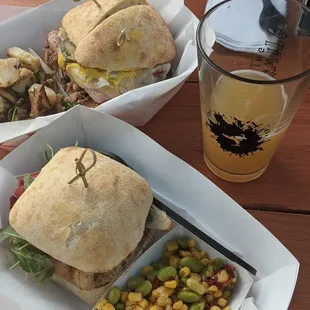 Grilled chicken sandwich &amp; succotash. Riff on a Cubano &amp; potato salad (back).  Paired delightfully with Sideswipe's beer.