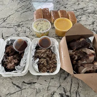 Brisket, Pulled Pork BBQ, Slab of ribs, Cole Slaw, Mac &amp; Cheese and the best darn cornbread you will EVER have