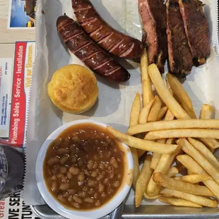Sausage, ribs, beans, fries, cornbread