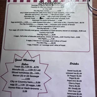 Breakfast menu
