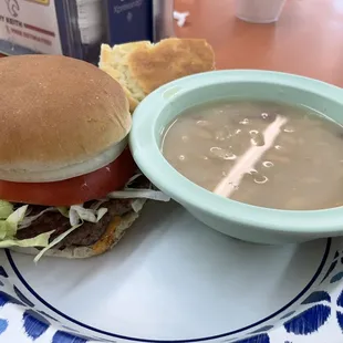Cheeseburger with soup beans and cornbread