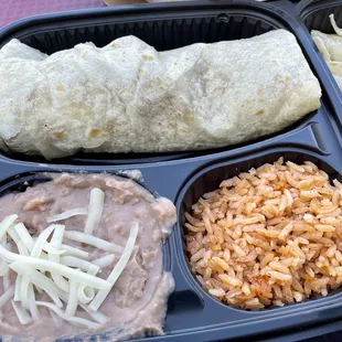 Carnitas Burrito combo with rice and beans