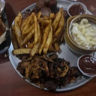 BBQ pulled chicken, kielbasa, fries and mac and cheese