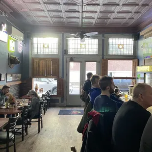 Tin ceiling and stained glass windows