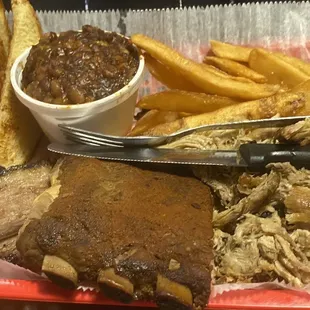 Sampler platter fries and baked beans