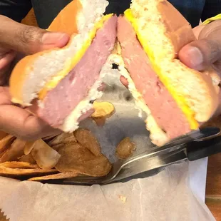 Bologna grilled cheese - a wonderfulful slab of smoked meat. And housemade chips on the side.