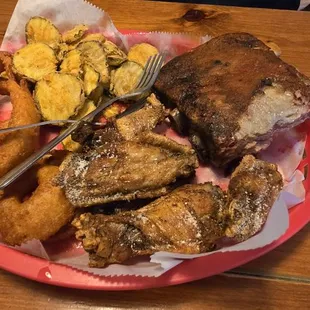 Munchie Basket - a great way to start - ribs, garlic wings, fried pickles and onion rings