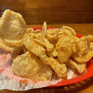 Pork rinds fried to perfection with the Cajun spice mix on them