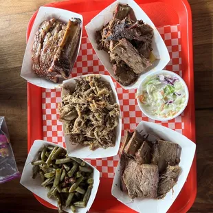 Ribs, Sliced Brisket, Pulled Pork, Bacon Green Beans and Coleslaw