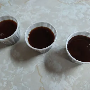 Three sauces, they look alike but they do have a distinct flavor: spicy, sweet, mild.