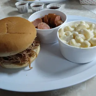 Pulled pork Sammy, sausage and man n cheese