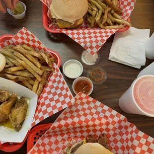Lemon Pepper Wings, Bacon Cheeseburger, and Hawaiian Burger