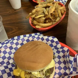Front: Full Moon Burger  Middle: Large Fries Back: Small Fries