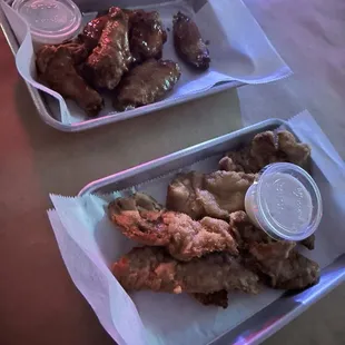 Rocky Mountain oysters and bbq guava wings. Both delicious.