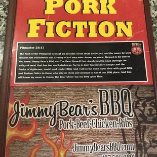 a menu for pork fiction