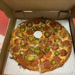 Medium pepperoni red onion and jalapeño