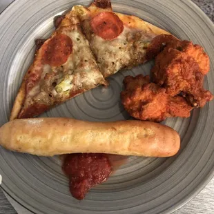 Pizza, breadstick and Buffalo wings