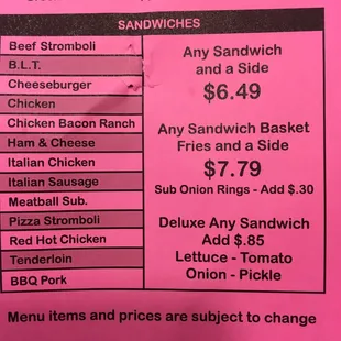 the price of the sandwich