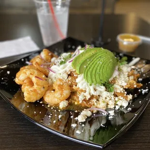 Chilaquiles breakfast with shrimp