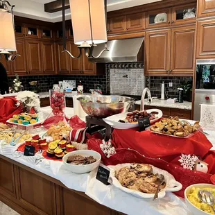 Brunch Menu - Waffle Bar, chicken Marsala, brisket, sausage, bacon and a variety of pastries.