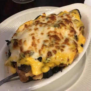 Mushroom appetizer. Cheesy, crostini, plenty of 'shrooms!