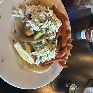 Fish tacos and Sweet Potato Fries