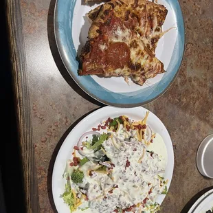Salad from salad bar and pizza from the buffet