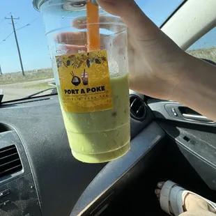 Matcha milk tea with peach boba