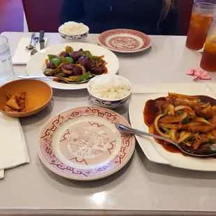 Mongolian beef, and black and pepper beef
