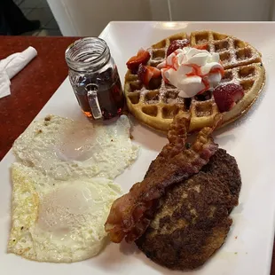 Waffle and egg breakfast.