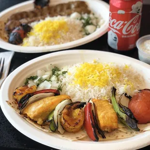 Shrimp and salmon kabob combo plate!