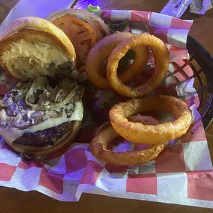 Mushroom n Swiss with onion rings , one of my favorites!