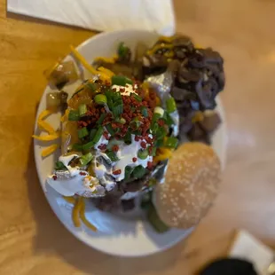 Mushroom Cheeseburger Baked Potato fully loaded