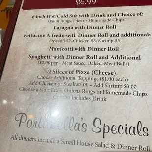 Menu for lunch specials