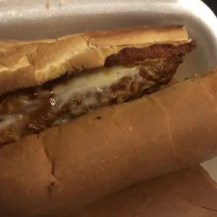 A sad excuse for a chicken parm sandwich