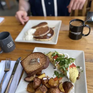 Pork carnitas omelette and tres leches pancakes