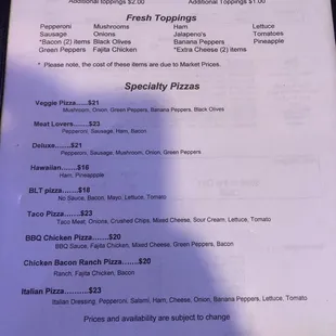 Specialty pizzas