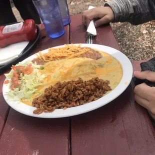 Cheese enchilada plate (you are served delicious salsa ans fresh chips when you order Mexican food)