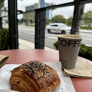 Ham and cheese croissant. Rose Latte.