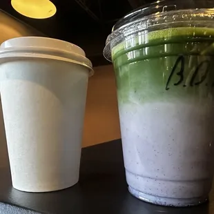 Blueberry pancake Matcha and A vanilla latte
