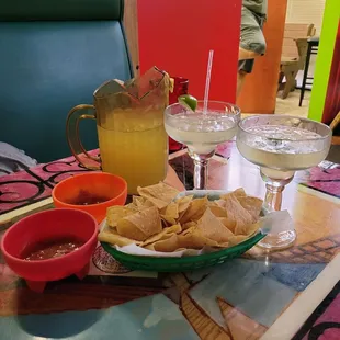 On the rocks pitcher and the chips and salsa... Dat salsa spicy!! But delish